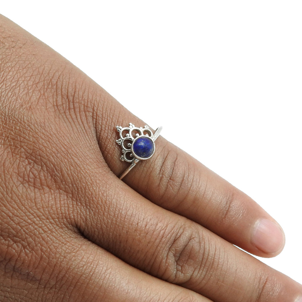 Round Throat Chakra Lapis Lazuli Gemstone Crown Wife Band Ring 925 Silver