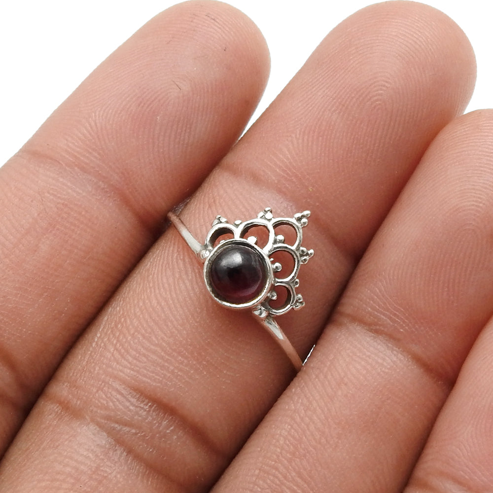 Garnet Stone January Birth Unique Band Crown Bezel Ring 925 Solid Silver