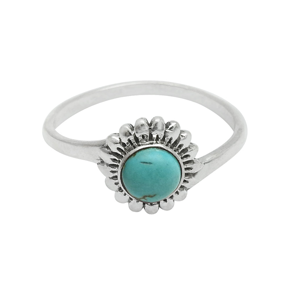 Round Turquoise Stone Solid Sterling Silver Bezel Band Wife Flower Ring