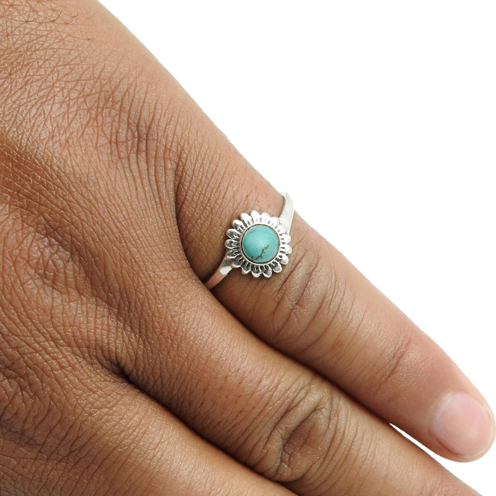 Round Turquoise Stone Solid Sterling Silver Bezel Band Wife Flower Ring