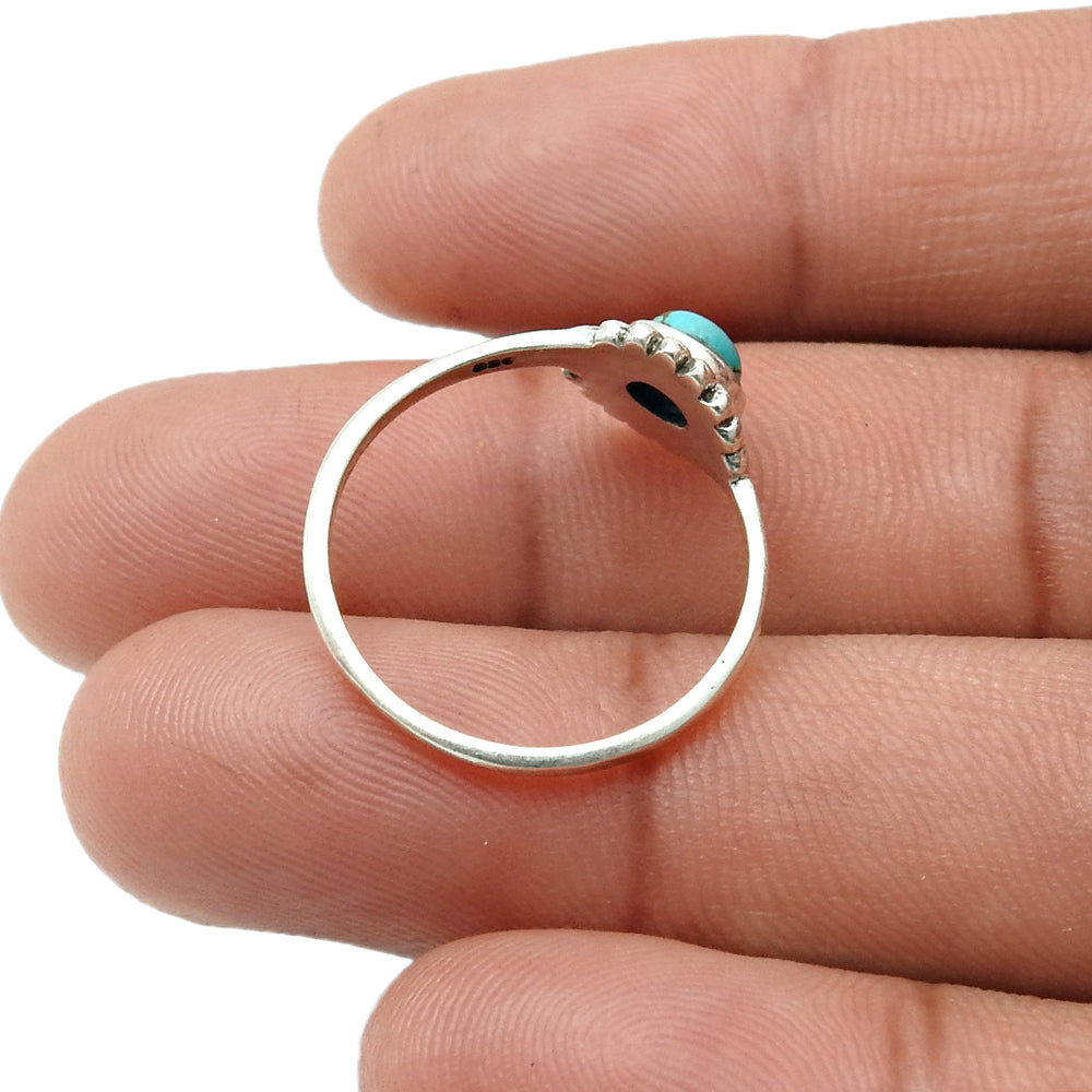 Round Turquoise Stone Solid Sterling Silver Bezel Band Wife Flower Ring