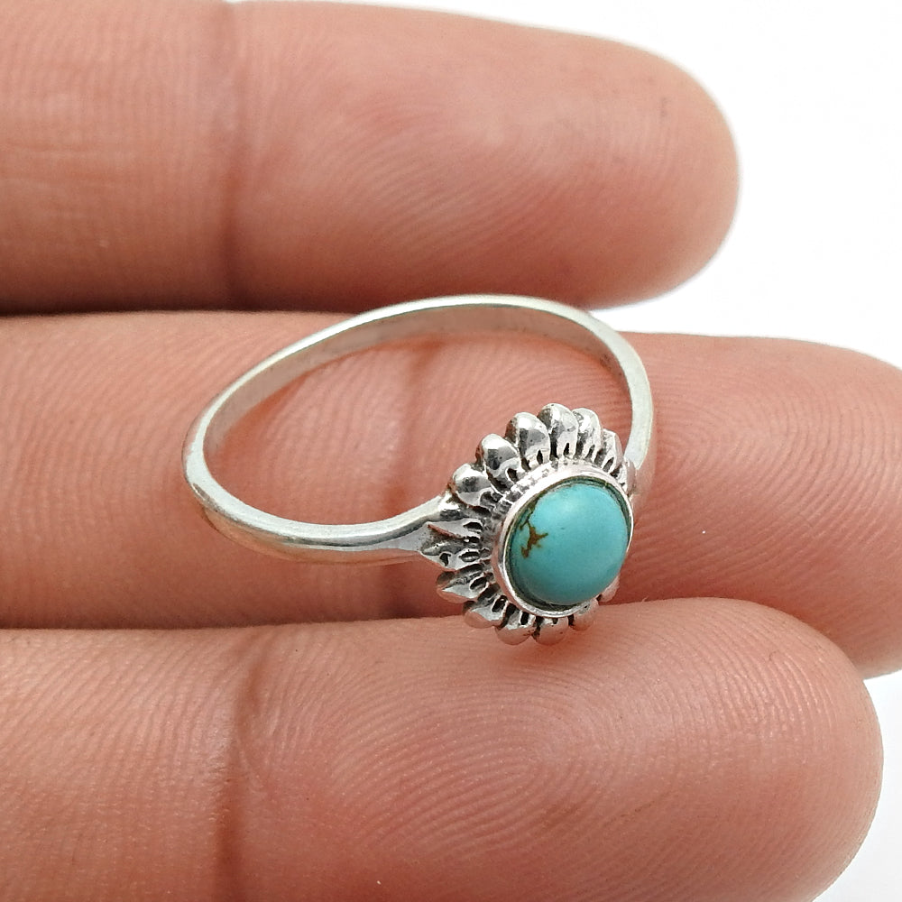 Round Turquoise Stone Solid Sterling Silver Bezel Band Wife Flower Ring