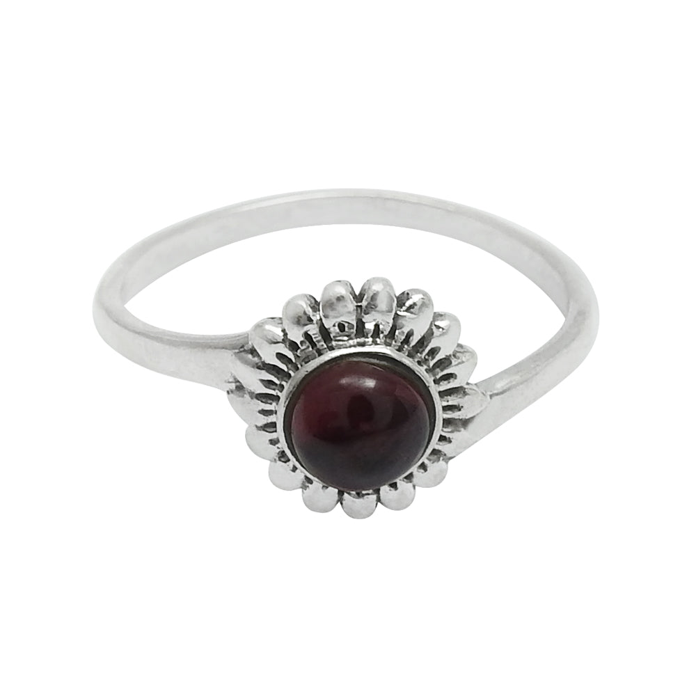 Round Natural Garnet Flower Bezel Band Birthday Ring 925 Sterling Silver