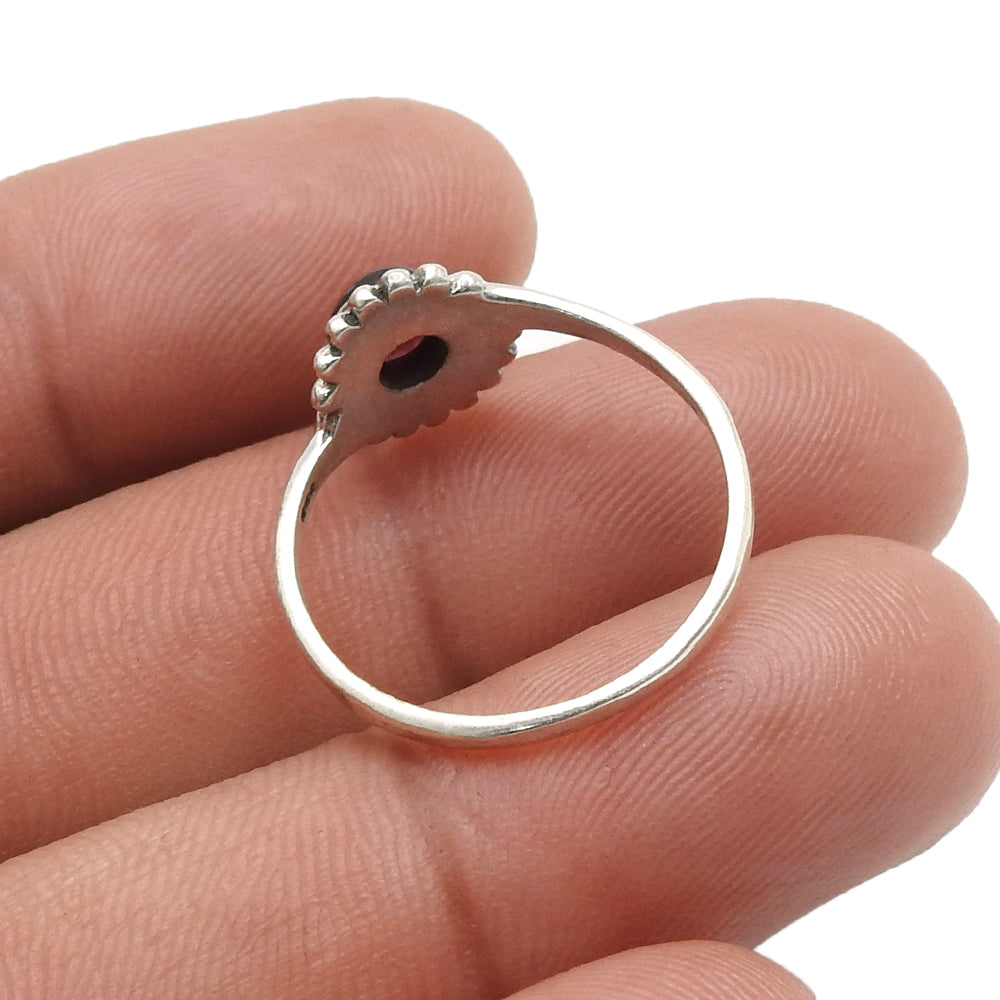 Round Natural Garnet Flower Bezel Band Birthday Ring 925 Sterling Silver