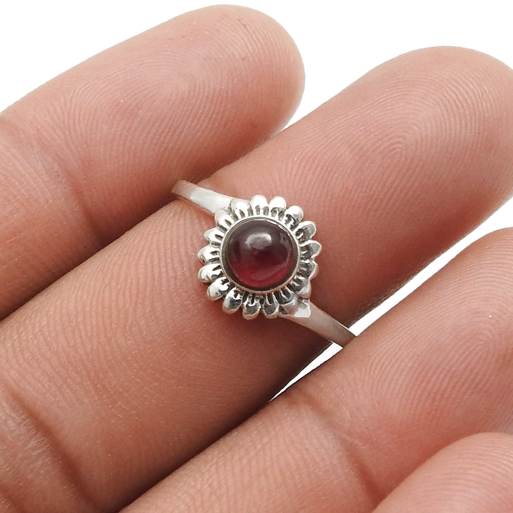 Round Natural Garnet Flower Bezel Band Birthday Ring 925 Sterling Silver