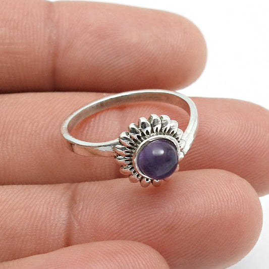 Natural Amethyst Solid Silver Engagement Flower Band Boho Birthday Ring