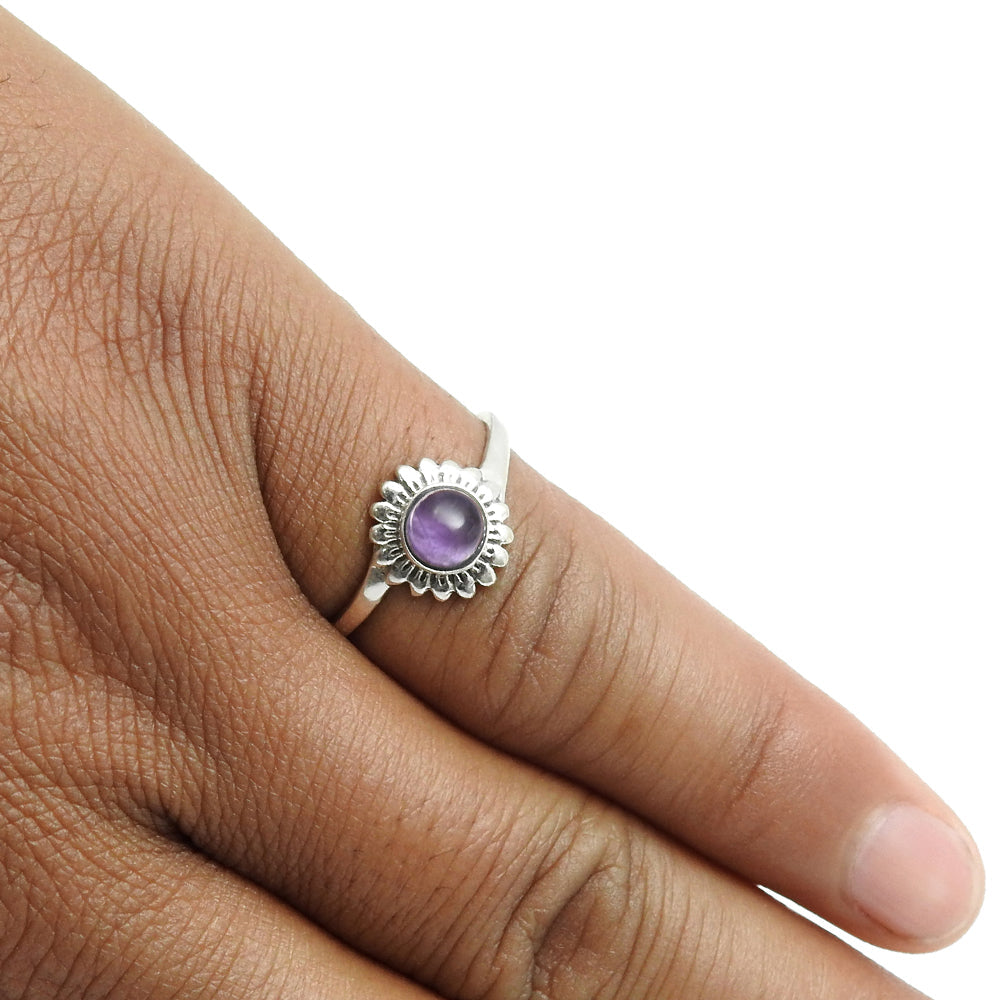 Natural Amethyst Solid Silver Engagement Flower Band Boho Birthday Ring