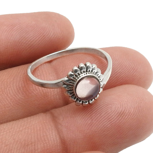 Round Rose Quartz Stone Solid Sterling Silver Sister Band Flower Ring