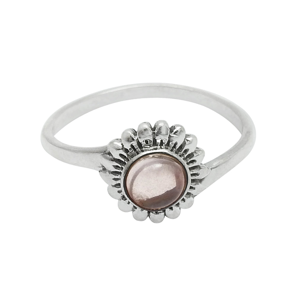 Round Rose Quartz Stone Solid Sterling Silver Sister Band Flower Ring
