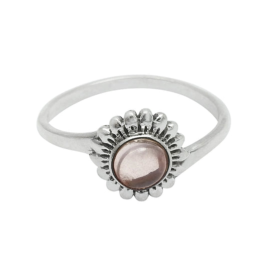 Round Rose Quartz Stone Solid Sterling Silver Sister Band Flower Ring