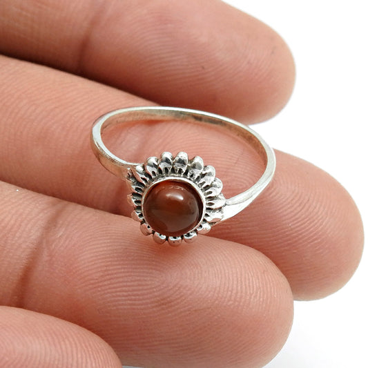 Round Carnelian Stone Band Artisan Flower Ethnic Ring 925 Sterling Silver