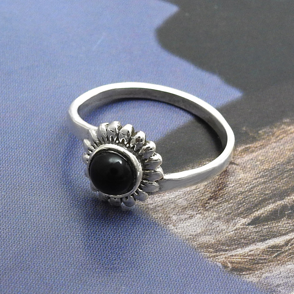 Round Black Onyx Stone Solid Sterling Silver Flower Ethnic Band Boho Ring