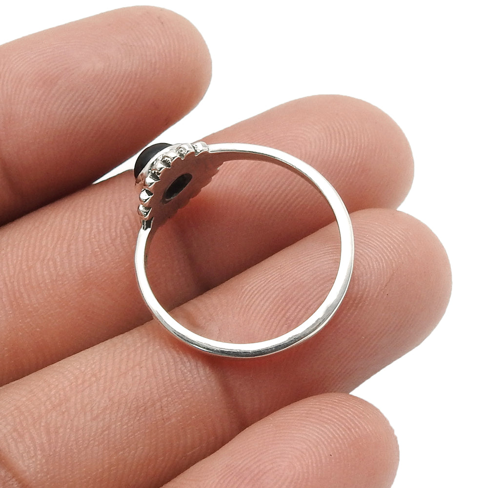 Round Black Onyx Stone Solid Sterling Silver Flower Ethnic Band Boho Ring