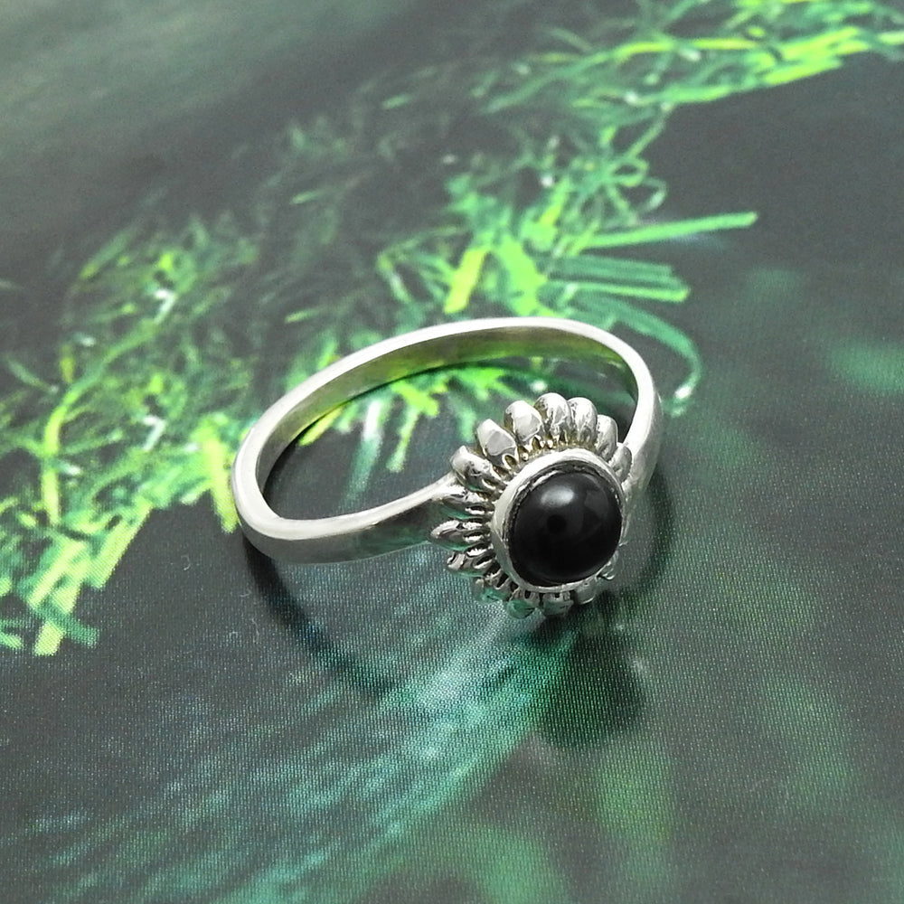 Round Black Onyx Stone Solid Sterling Silver Flower Ethnic Band Boho Ring