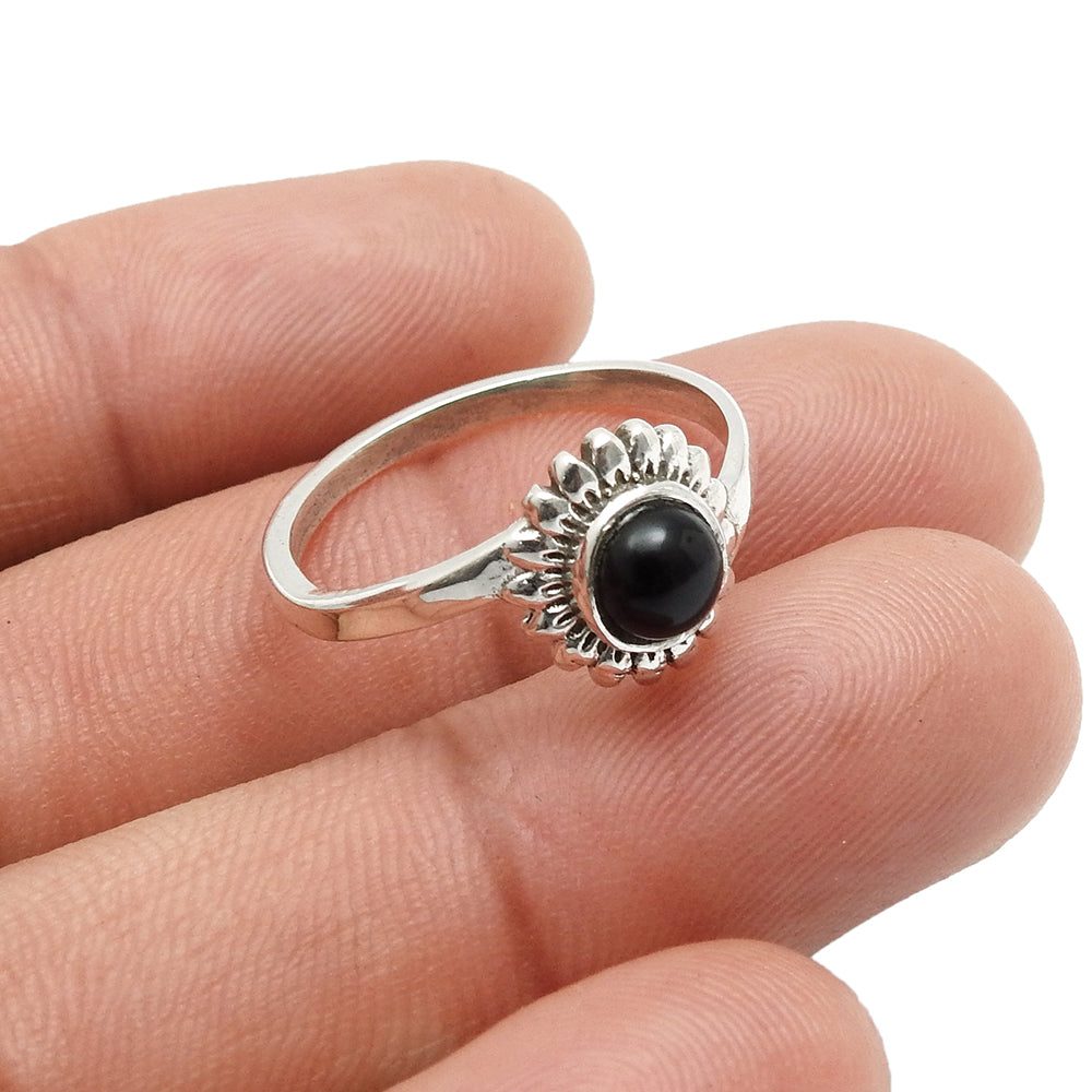 Round Black Onyx Stone Solid Sterling Silver Flower Ethnic Band Boho Ring