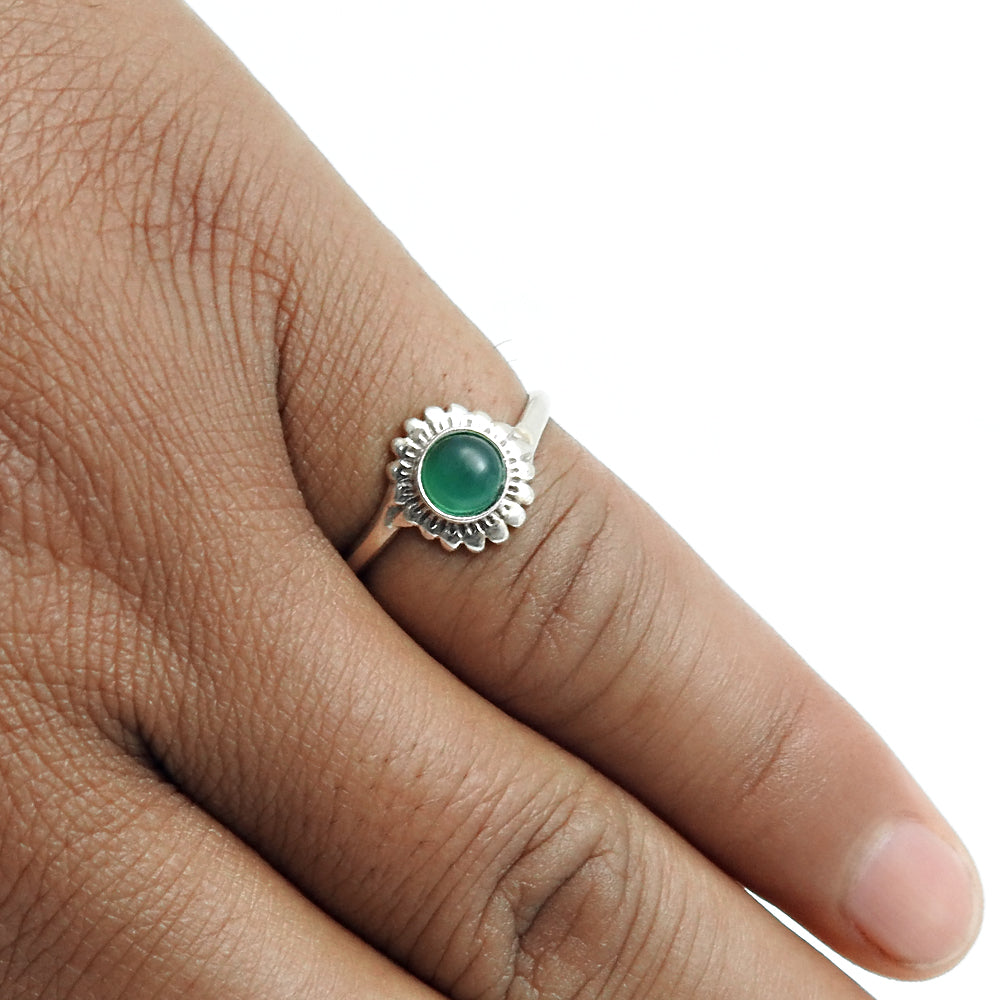 Round Natural Green Onyx Flower Elegant Band Wedding Ring 925 Solid Silver