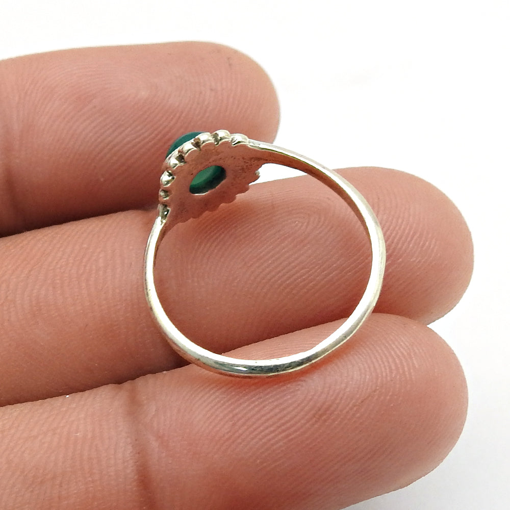 Round Natural Green Onyx Flower Elegant Band Wedding Ring 925 Solid Silver