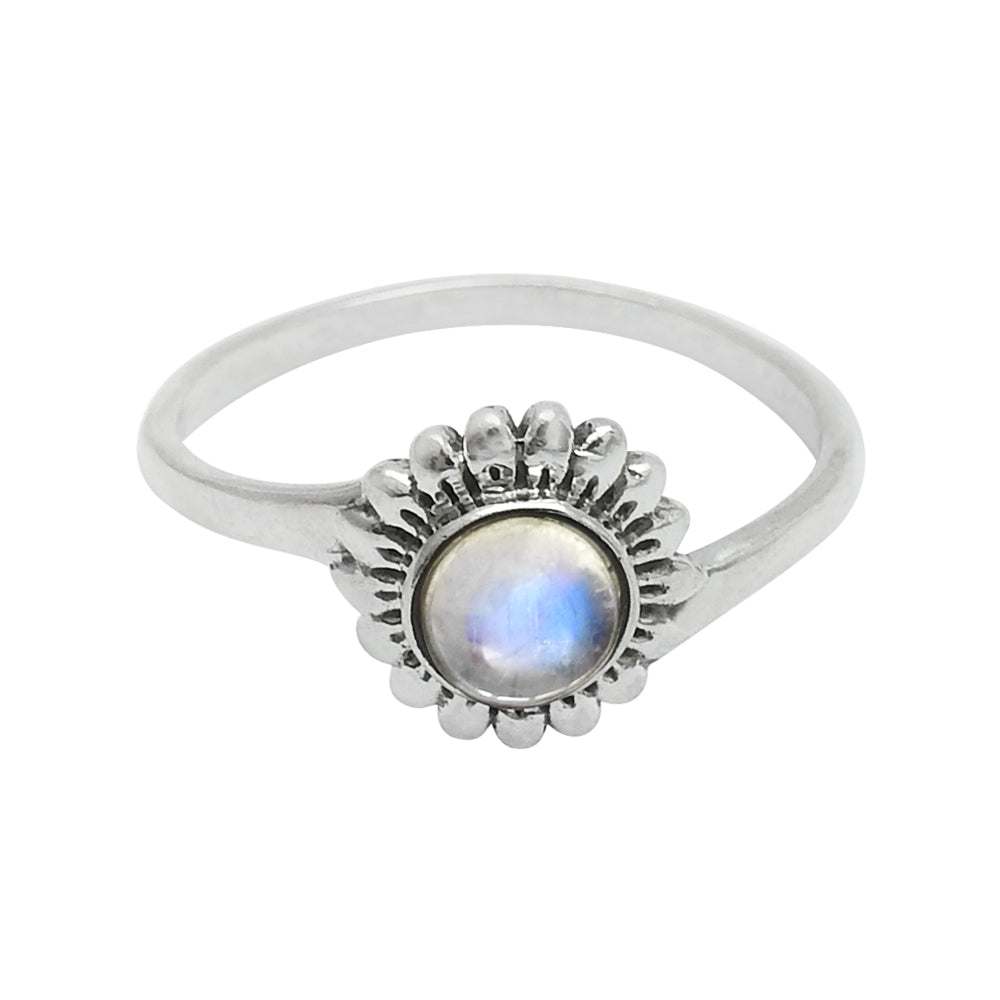 Round Natural Rainbow Moonstone Band Flower Boho Ring Solid Sterling Silver
