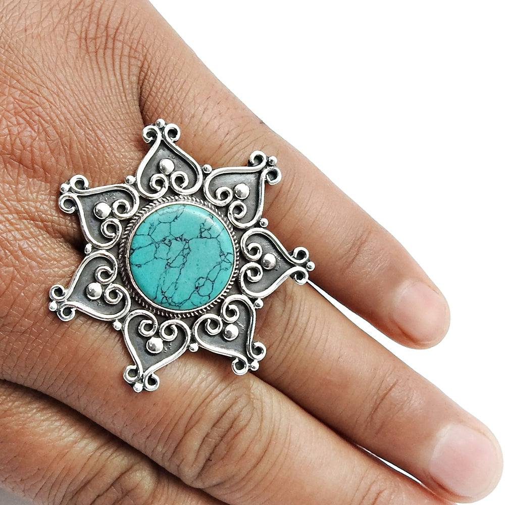 Turquoise Stone Elegant Artisan Sister Bezel Cocktail Handmade Ring 925 Silver