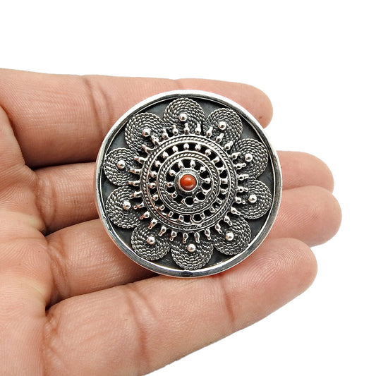Round Natural Coral Cocktail Unique Antique Artisan Bezel Ring 925 Silver