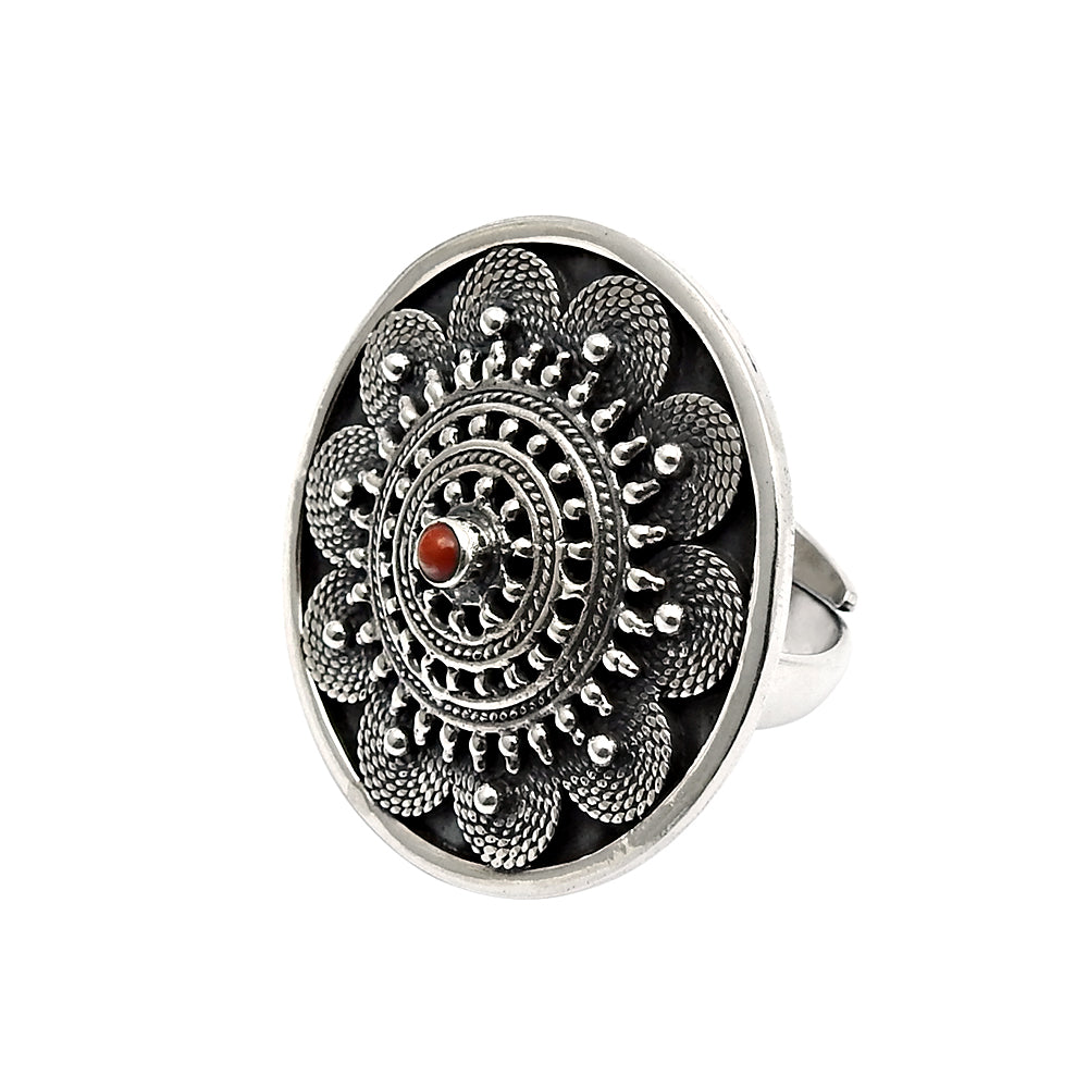 Round Natural Coral Cocktail Unique Antique Artisan Bezel Ring 925 Silver