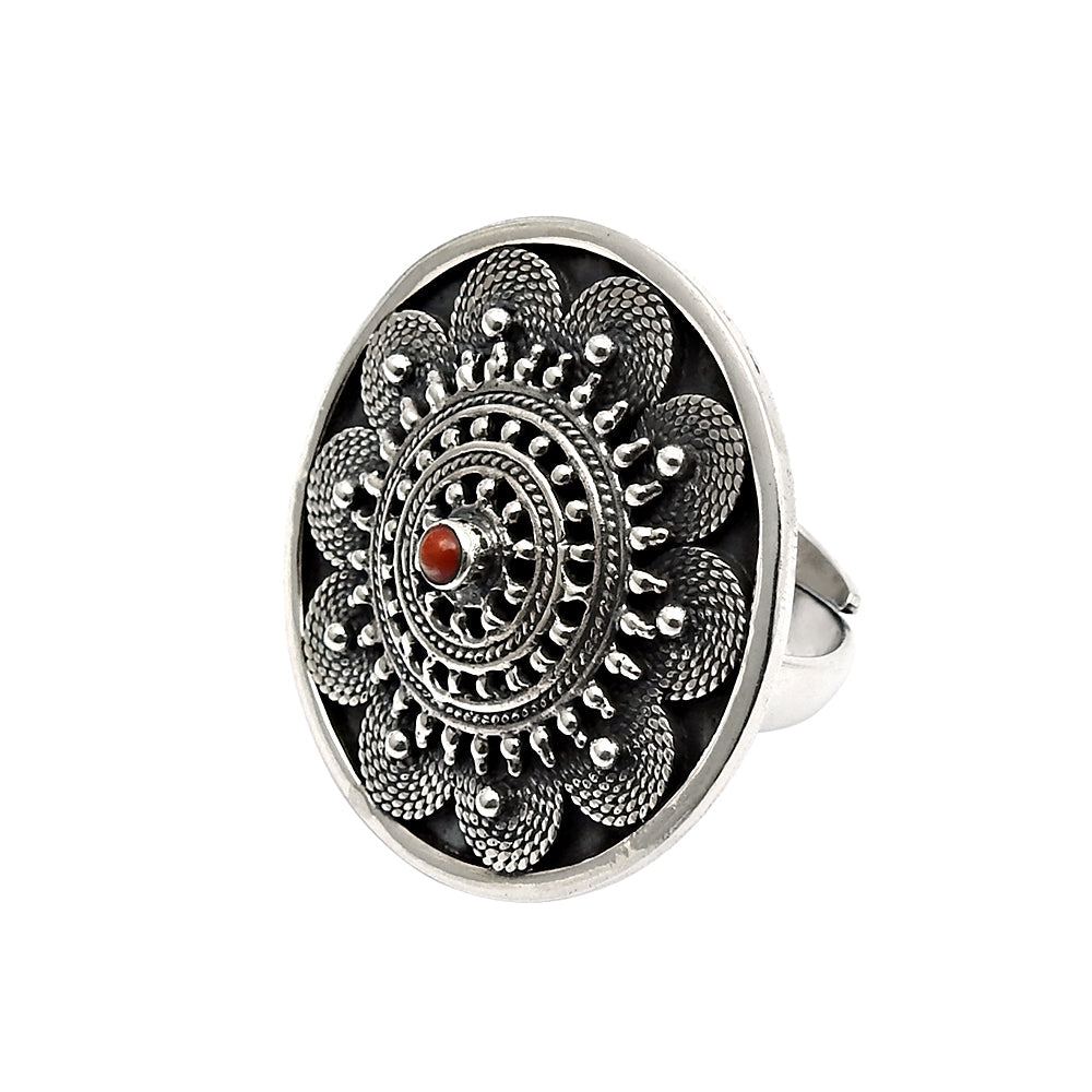 Round Natural Coral Cocktail Unique Antique Artisan Bezel Ring 925 Silver