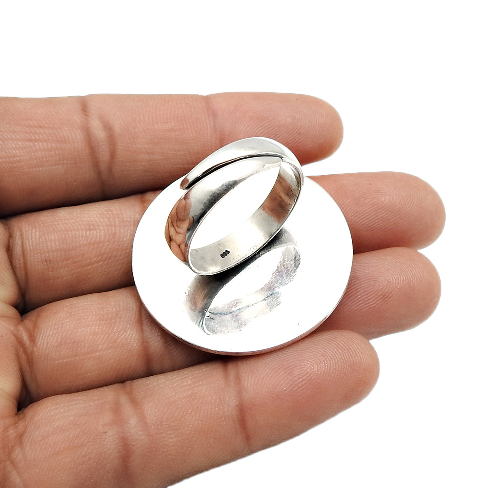 Round Natural Coral Cocktail Unique Antique Artisan Bezel Ring 925 Silver