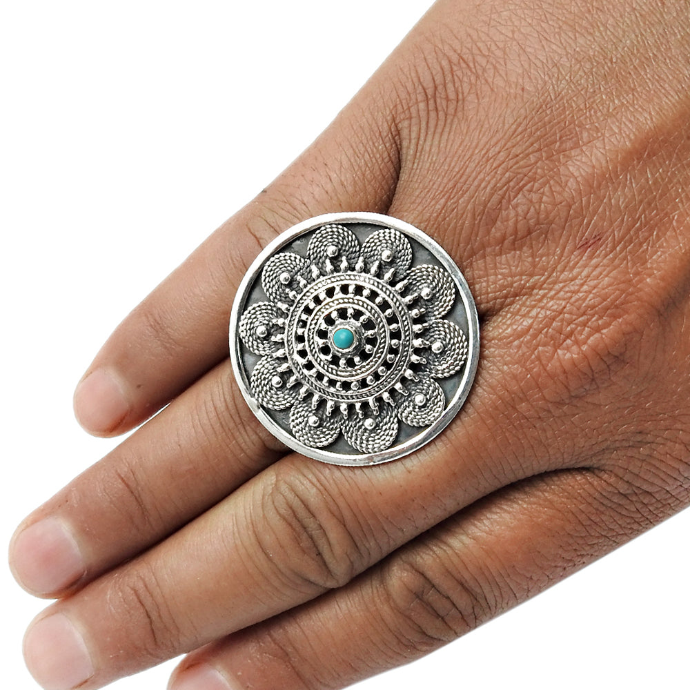 Round Natural Coral Cocktail Unique Antique Artisan Bezel Ring 925 Silver