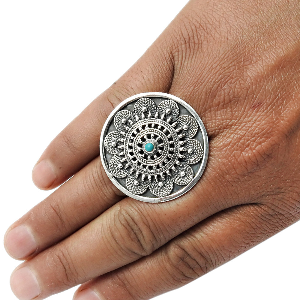 Round Natural Coral Cocktail Unique Antique Artisan Bezel Ring 925 Silver