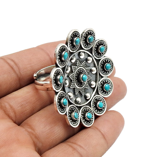 Natural Turquoise Boho Antique Artisan Cocktail Statement Ring 925 Silver