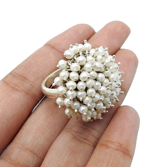 Natural White Pearls Statement Ring 925 Sterling Silver Jewelry Wedding Ring