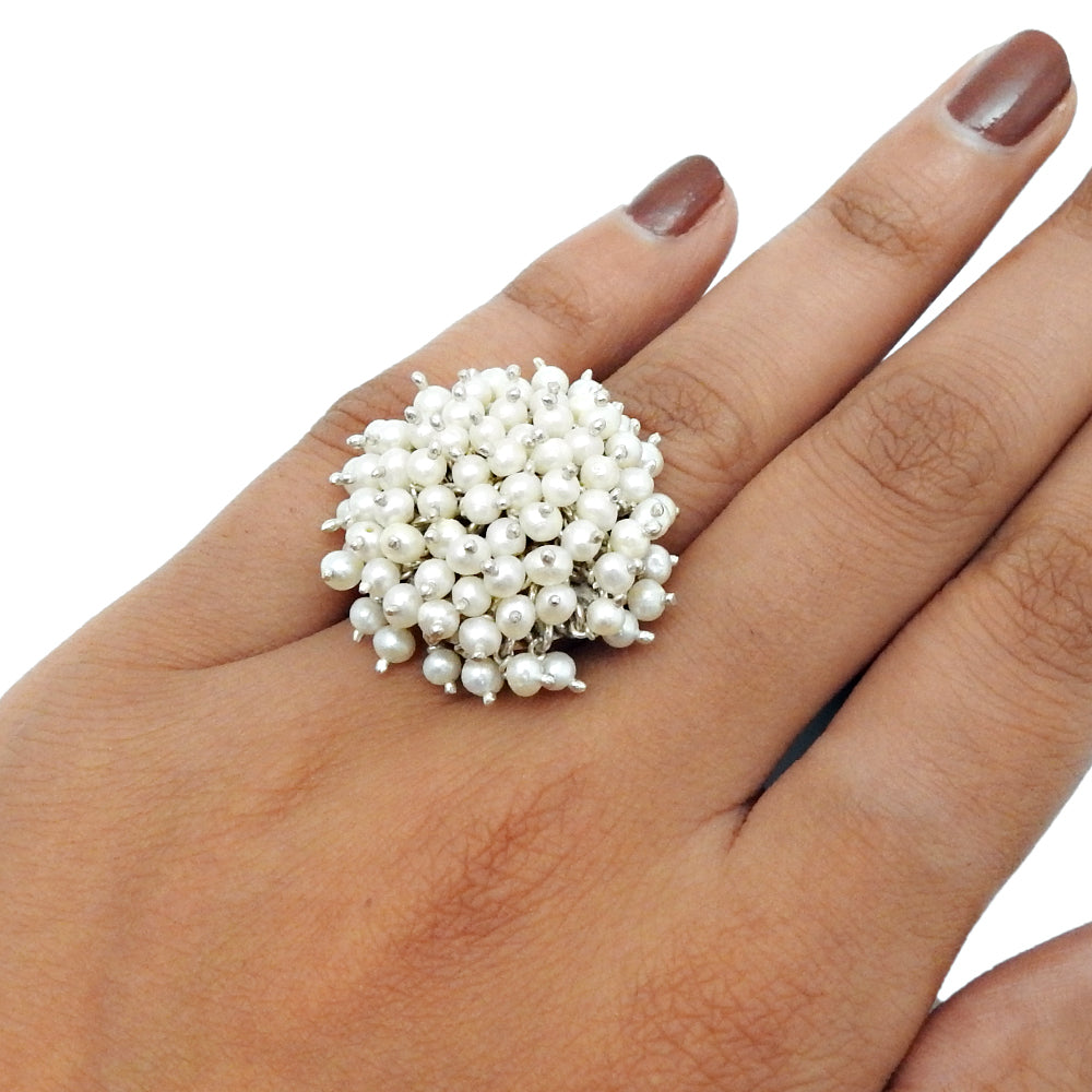 Natural White Pearls Statement Ring 925 Sterling Silver Jewelry Wedding Ring