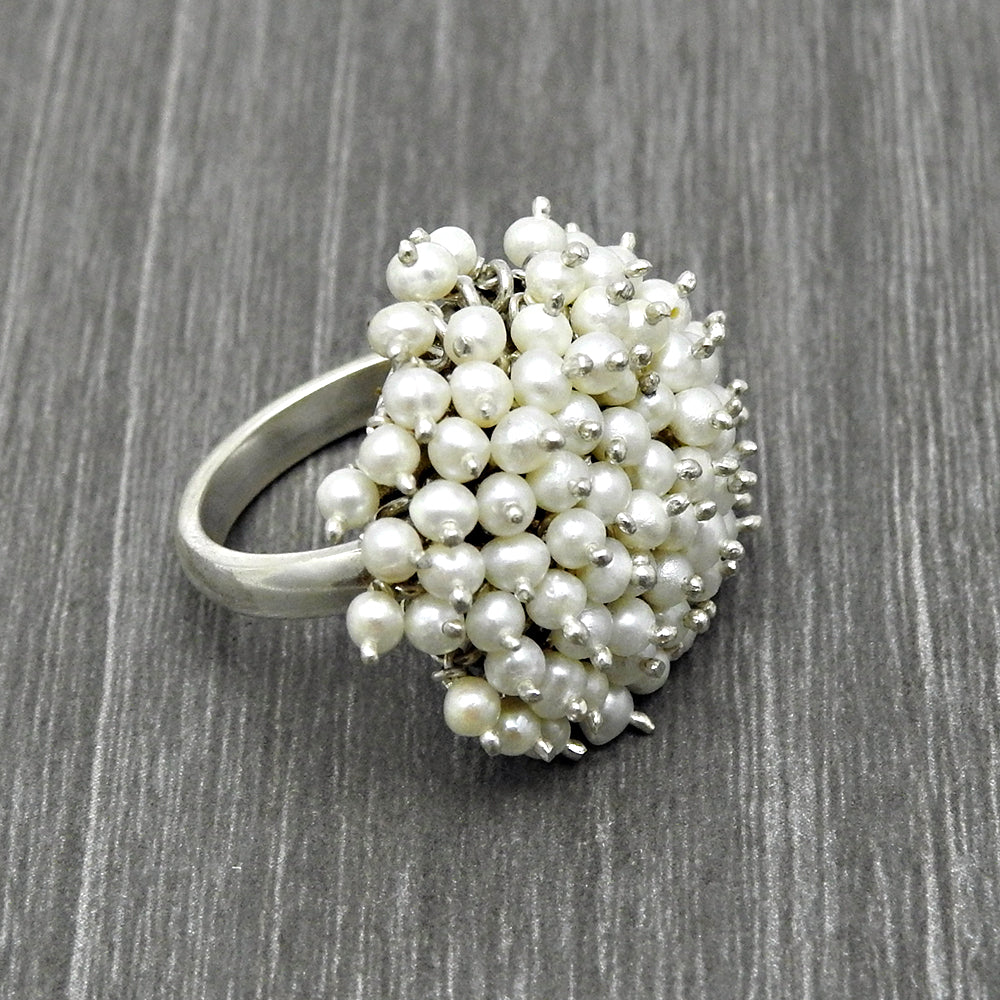 Natural White Pearls Statement Ring 925 Sterling Silver Jewelry Wedding Ring
