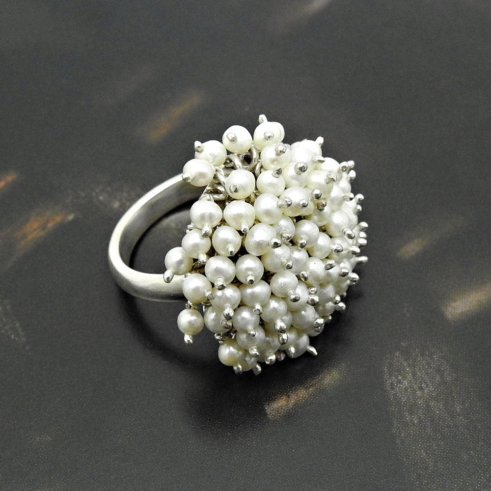 Natural White Pearls Statement Ring 925 Sterling Silver Jewelry Wedding Ring