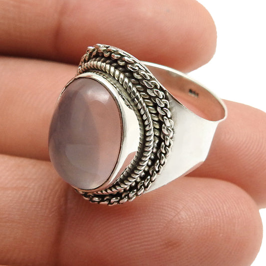 Heart Chakra Oval Natural Rose Quartz 925 Silver Bezel Band Elegant Ring