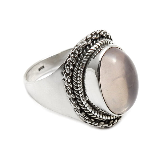 Heart Chakra Oval Natural Rose Quartz 925 Silver Bezel Band Elegant Ring