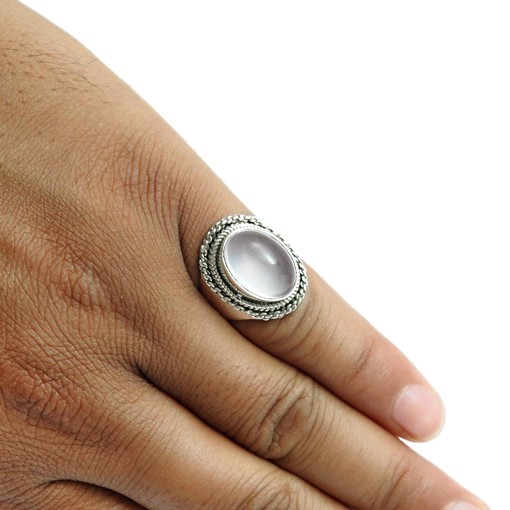 Heart Chakra Oval Natural Rose Quartz 925 Silver Bezel Band Elegant Ring