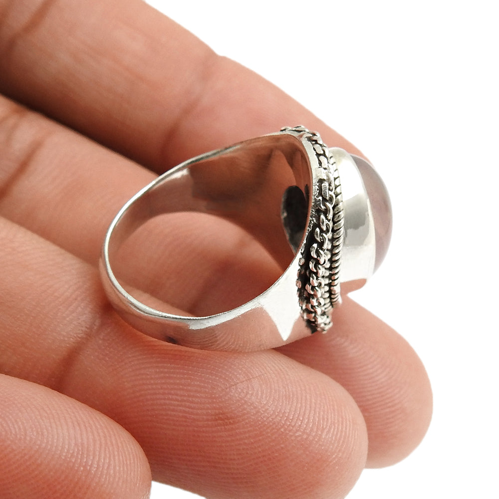 Heart Chakra Oval Natural Rose Quartz 925 Silver Bezel Band Elegant Ring