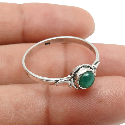 Round Green Onyx Gemstone Solid Silver Bezel Band Art Deco Wedding Ring