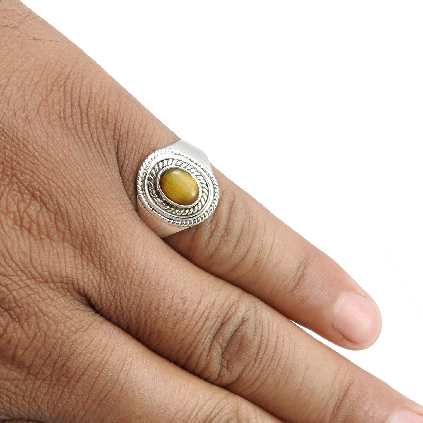 Sacral Chakra Tiger Eye Stone 925 Silver Ethnic Cocktail Ring