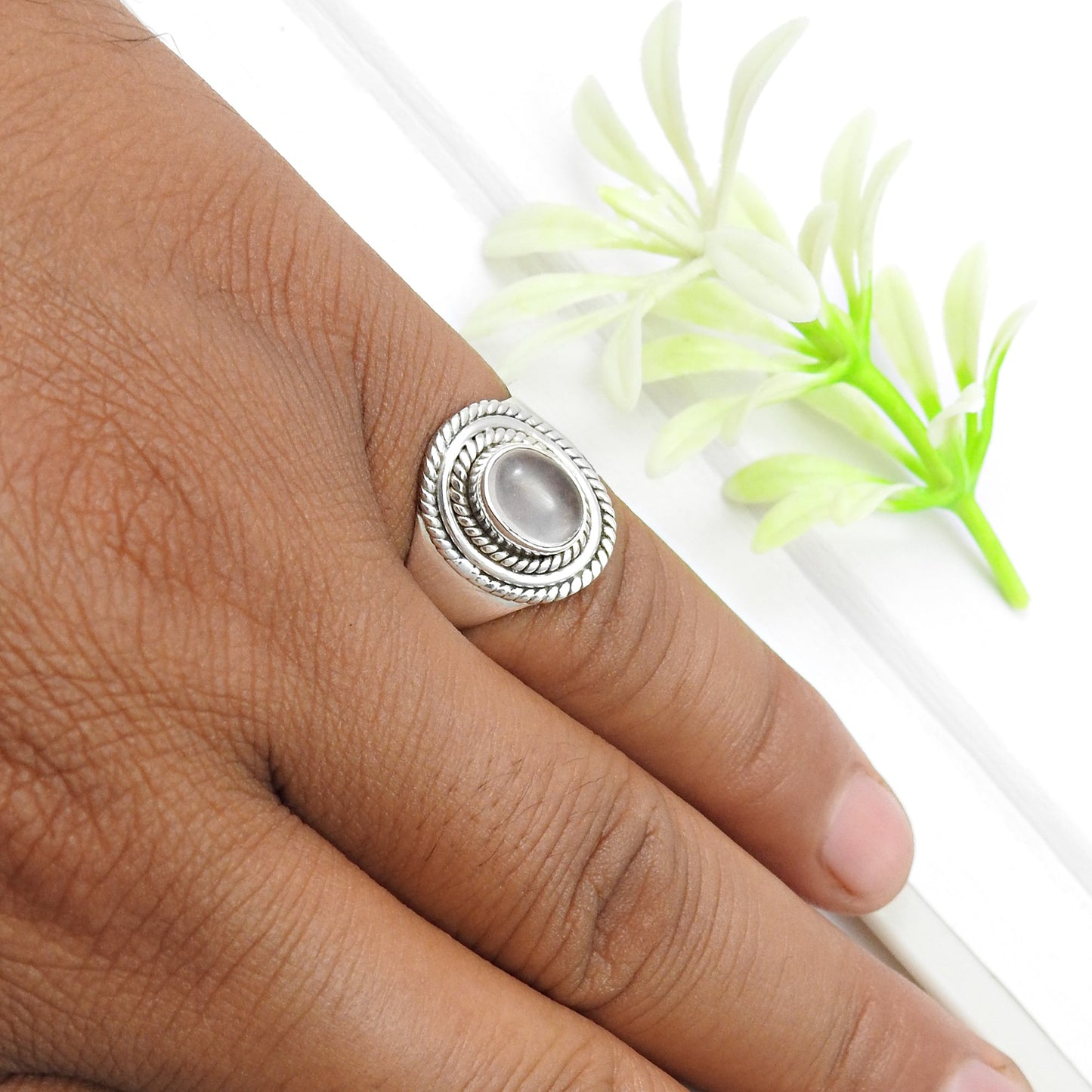 Oval Rose Quartz 925 Sterling Silver Statement Bezel Ring