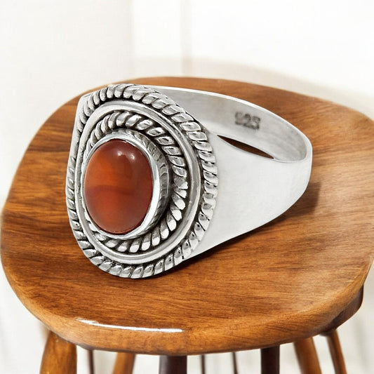 Women Gift Oval Natural Carnelian Solid 925 Silver Cocktail Ring