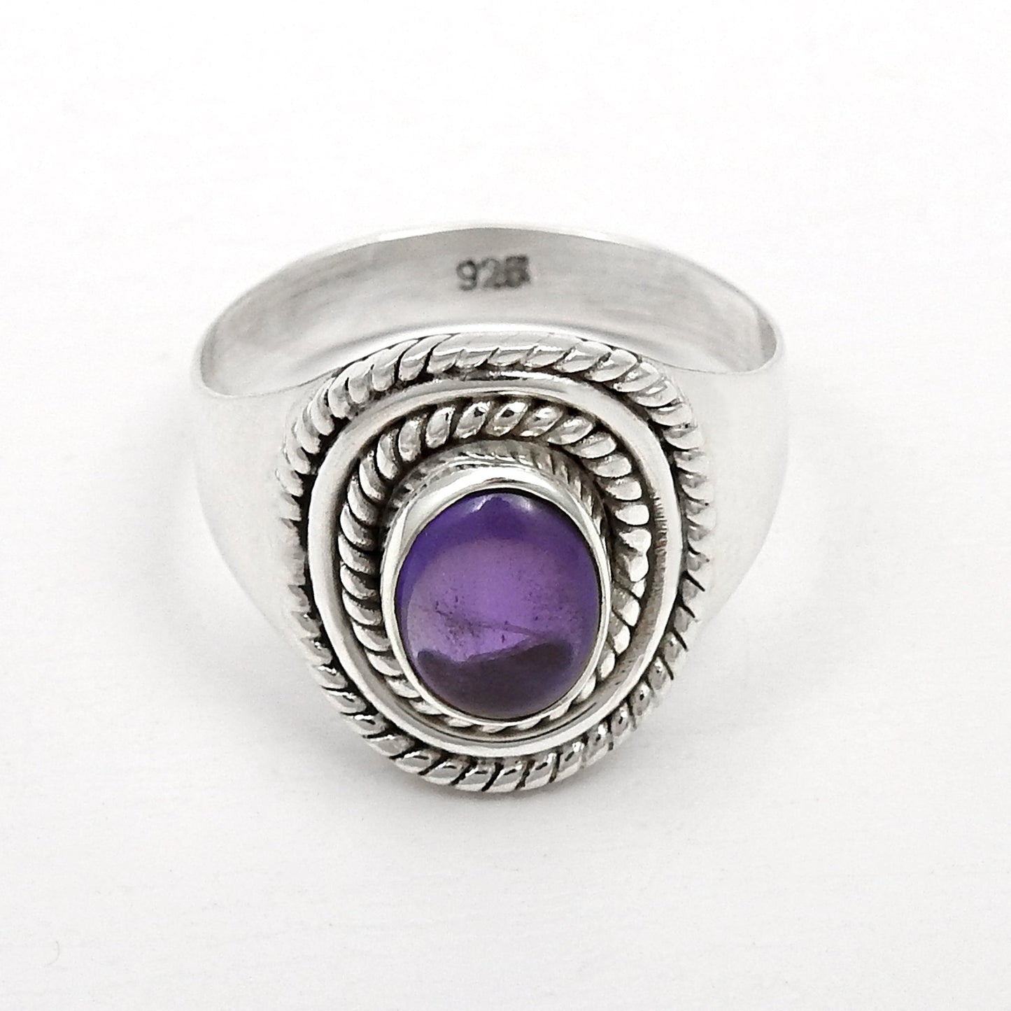Oval Amethyst Stone Solid Silver February Birth Cocktail Bezel Ring Jewelry