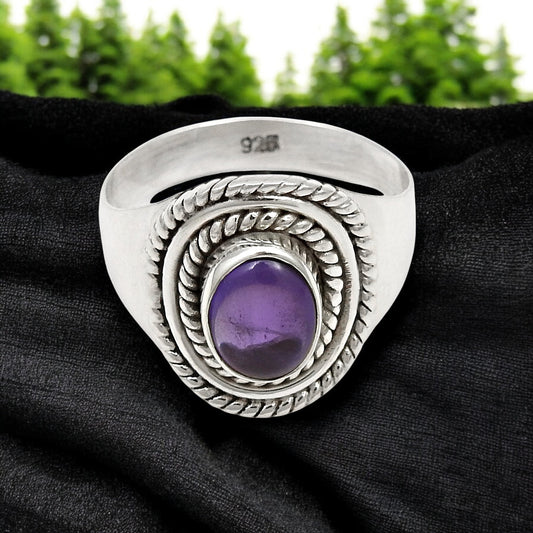 Oval Amethyst Stone Solid Silver February Birth Cocktail Bezel Ring Jewelry