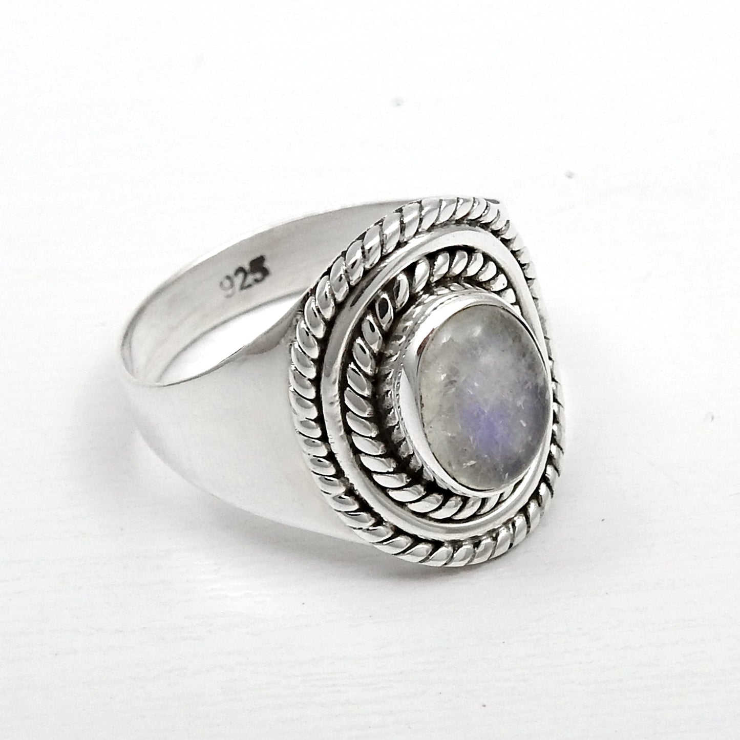 Rainbow Moonstone 925 Solid Silver Bezel Cocktail Ethnic Ring