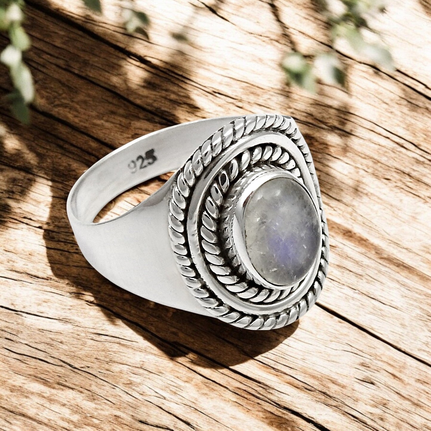 Rainbow Moonstone 925 Solid Silver Bezel Cocktail Ethnic Ring