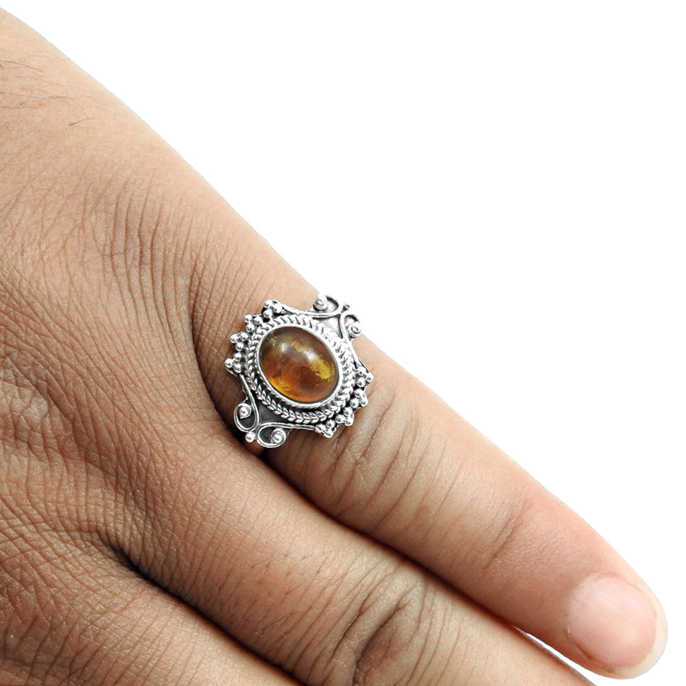 925 Sterling Silver Natural Amber Gemstone Trendy Statement Ring