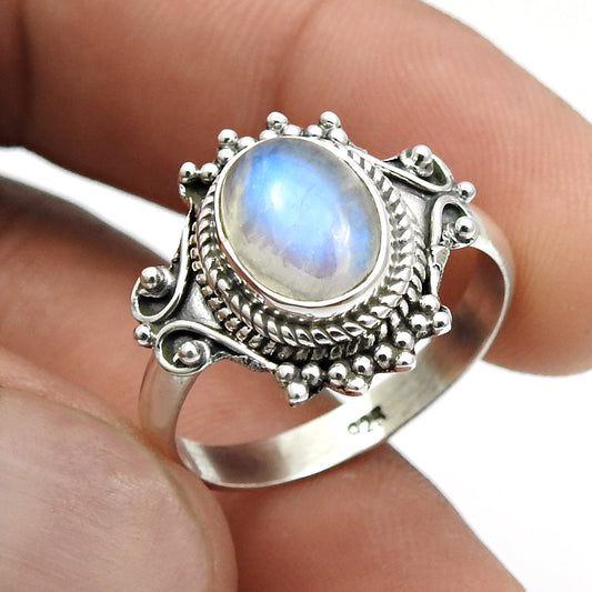 Oval Natural Rainbow Moonstone Sister Band Birthday Ring Sterling Silver