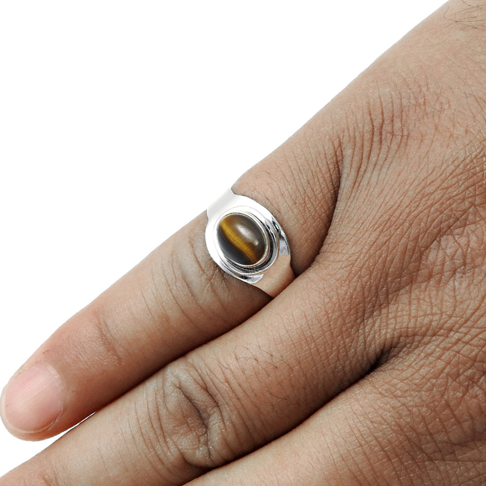 Sacral Chakra Natural Tiger Eye Sterling Silver Promise Band Sister Ring