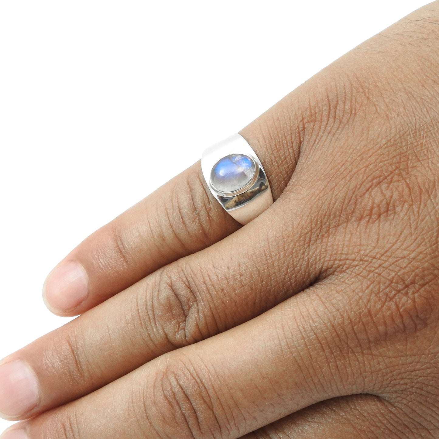 Natural Rainbow Moonstone 925 Silver Cocktail Crown Chakra Bezel Ring Jewelry